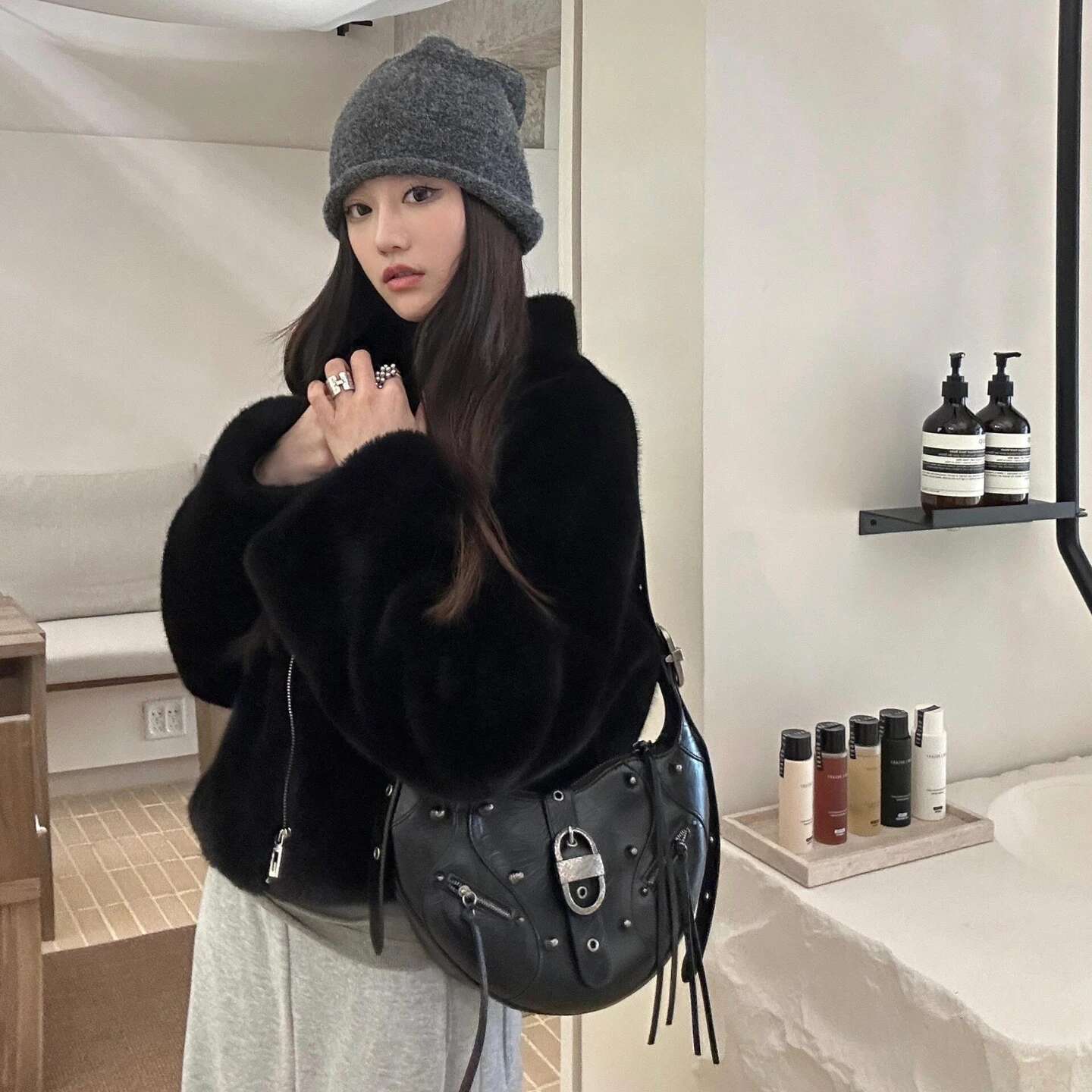 JW PEI Croissant Biker - Waxed Leather Eco-Friendly Crossbody Purse Spacious Shoulder Bag Women Street Style Large Capacity