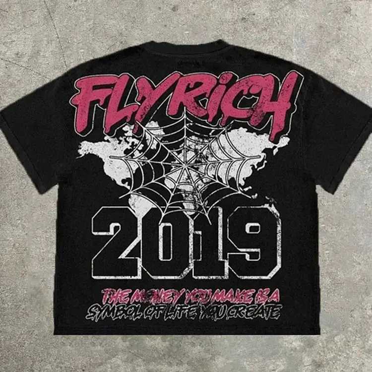 Y2K retro FlyRich 2019 world graphic print 100% pure cotton T-shirt mens short sleeved retro oversized T-shirt womens topXJ250318