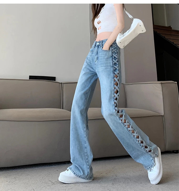 woven hollow womens jeans high waisted straight denim pants spring and summer casual wide leg Trouser strtwear Z260313