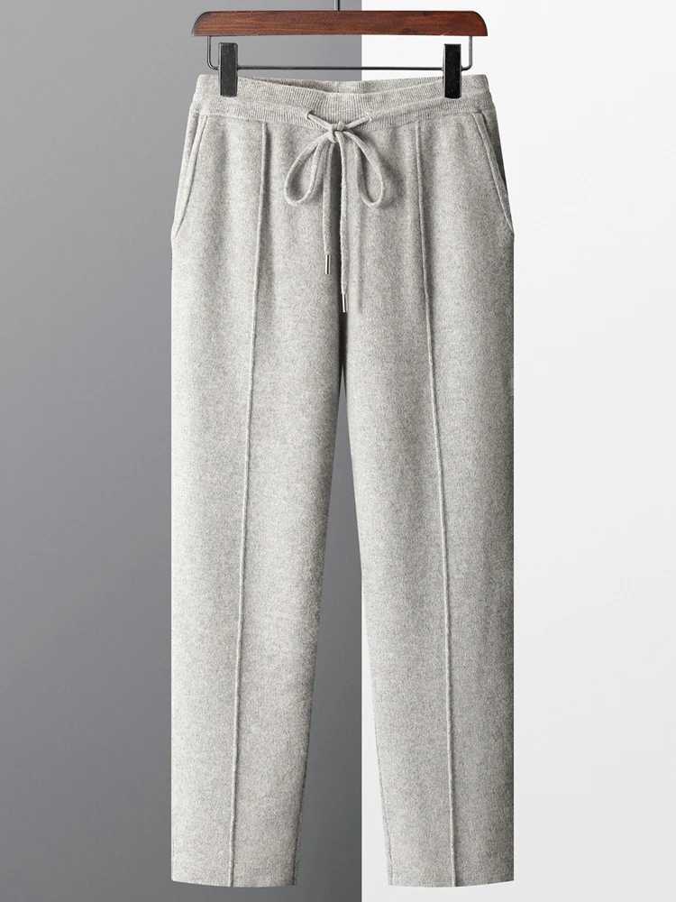 100% wool mens wool pants for autumn and winter thick knitted pants slim fit pants solid color warm flat angle pants W250318