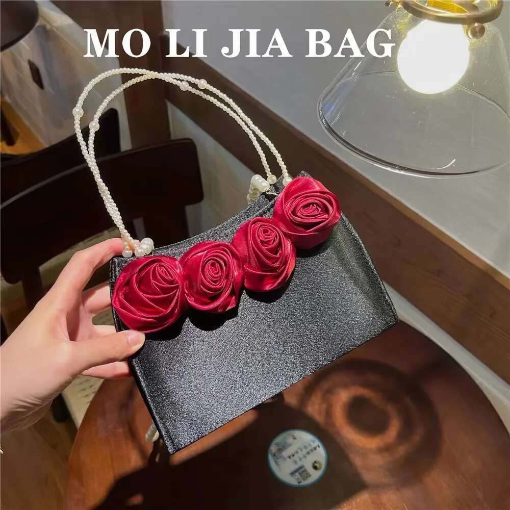 Women's Handbag Satin Rose Ral Handmade Square Fashion Pear Beading Evening Wedding Party Clutch Purse Crossbody Bag