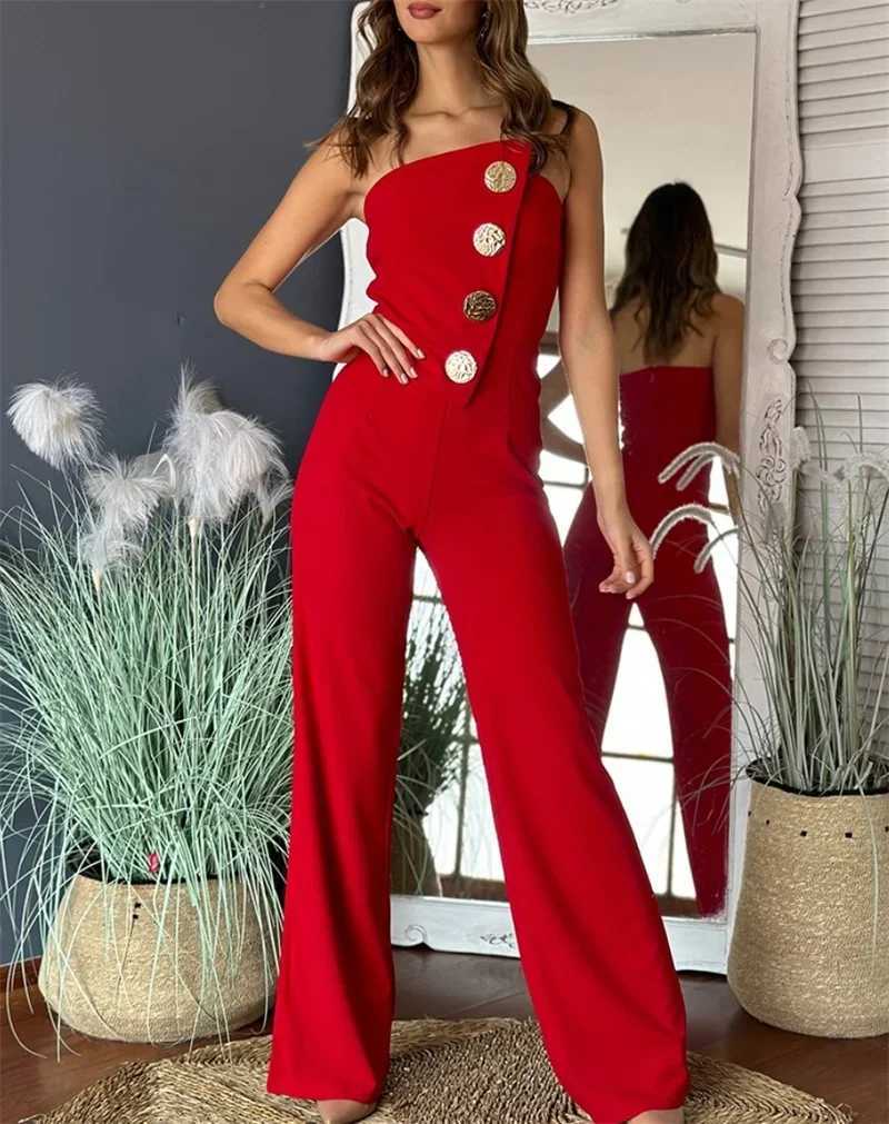 Womens elegant and sexy button strapless irregular jumpsuit 2025 wide leg set nightclub clothing one-piece X250318