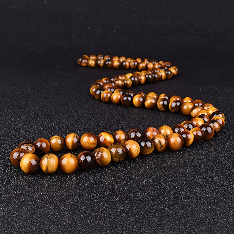 Yellow Tiger Eye Stone Imitation Black Agate Long Necklace Men's 8mm Natural Stone Beaded Item