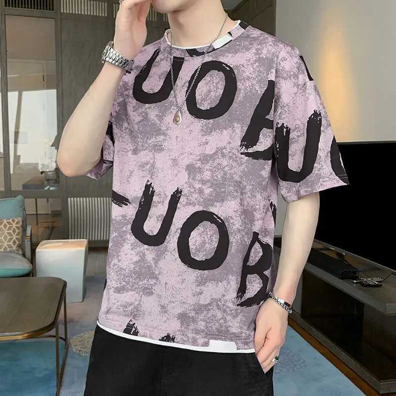 Fashionable O-neck printed patchwork fake two-piece T-shirt for mens 2024 spring new casual floral loose Korean T-shirtT250318