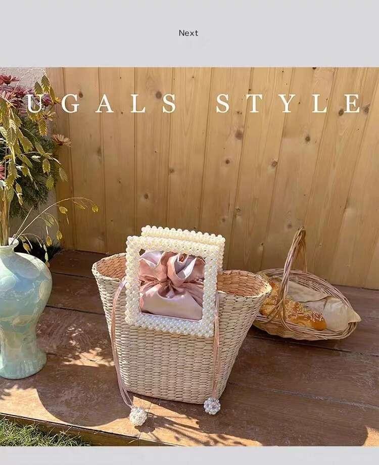 Fashion Women's Handbag Straw Woven Handmade Bucket Pearl Beaded Handle Tote Holiday Beach Large Capacity Casual Bag
