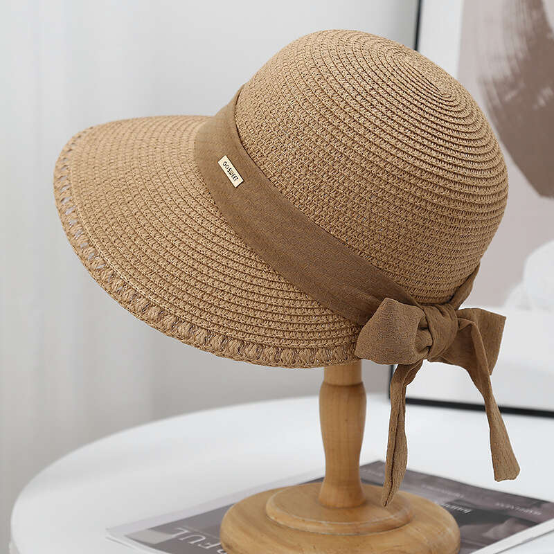 Women's Summer Outdoor Big Eaves Protection Grass Bow Beach Folding Weave Sun Hat