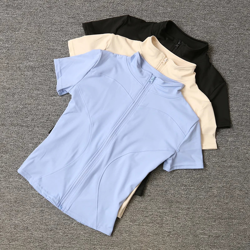 Summer highquality waist weight loss training top for women quick drying tight fitting stand up collar full zipper short sleeved yoga shirt 250314
