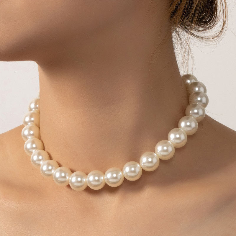 14MM Imitation Pearl Necklace Female Simple High Light Artificial Pearl Choker Collar Bone Chain Jewelry