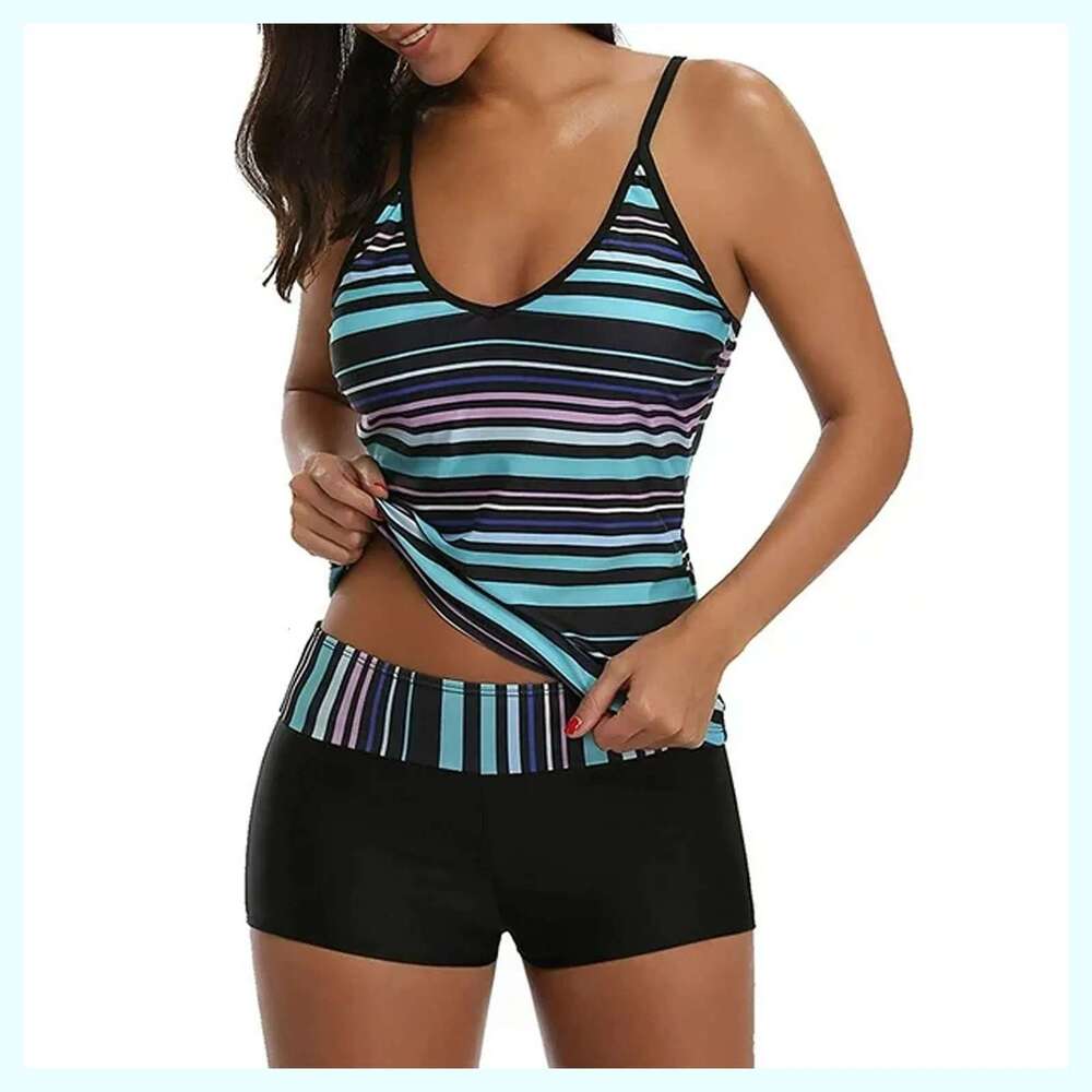 Summer women's swimsuit, women's striped swimsuit, sleeveless two-piece swimsuit, shorts swimsuit, fashionable swimsuit