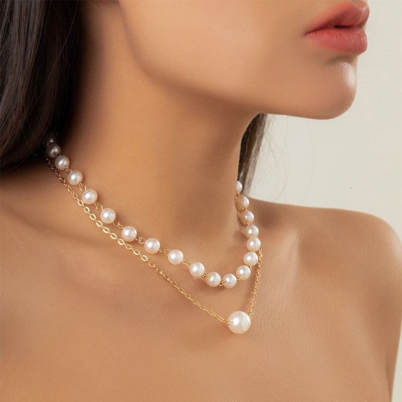 Double Layer Imitation Pearl Chain Necklace Feminine Style Multi-layer Choker Collarbone Chain Jewelry for Women