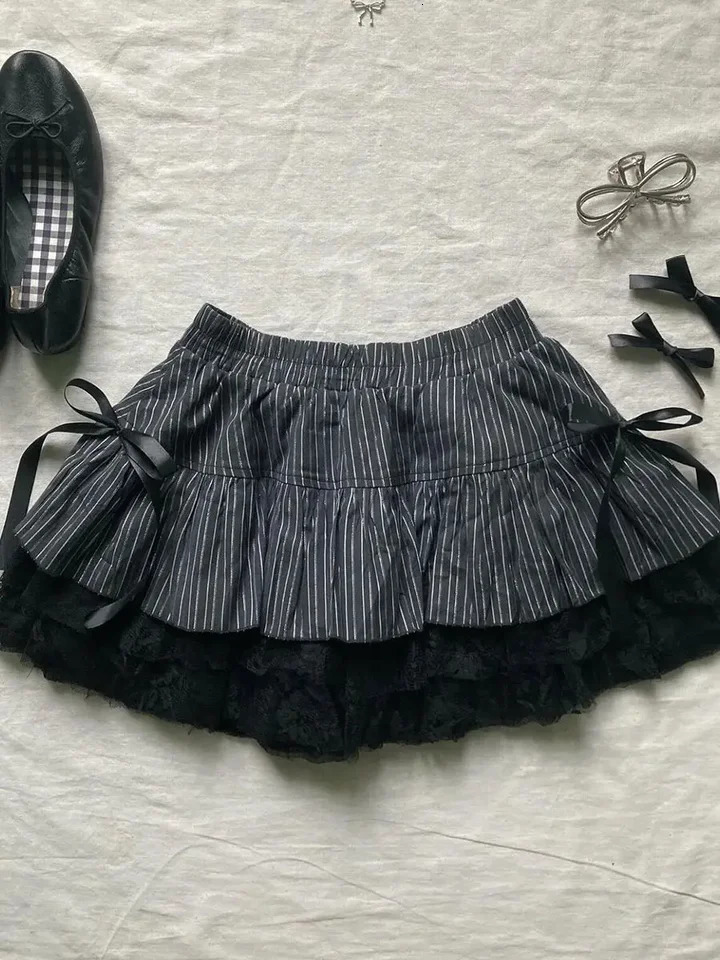 Punk Y2k Skirts Women Clothes Goth Sexy Ropa Aesthetic Stripe High Waist Lace Bow MIni Skirts Grunge Emo Girl 2000s Short Skirt 250318