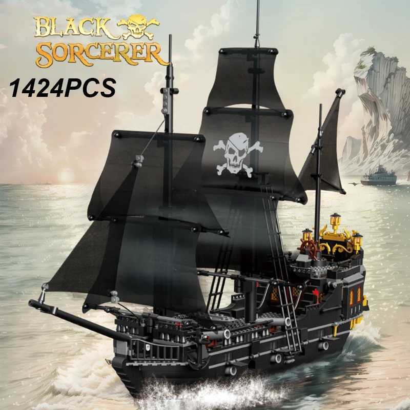1424PCS Black Pirate Ship Building Blocks Skeleton Ghost Boat Model Assembly Bricks Toys Desktop Decoration Kids Holiday GiftsXJ250318