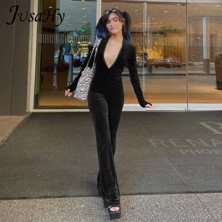 JuSaHy Autumn Velvet Zipper Hoodie Womens jumpsuit Long Slves Tight Stretch Activity Suit Casual Strt Set New X250318