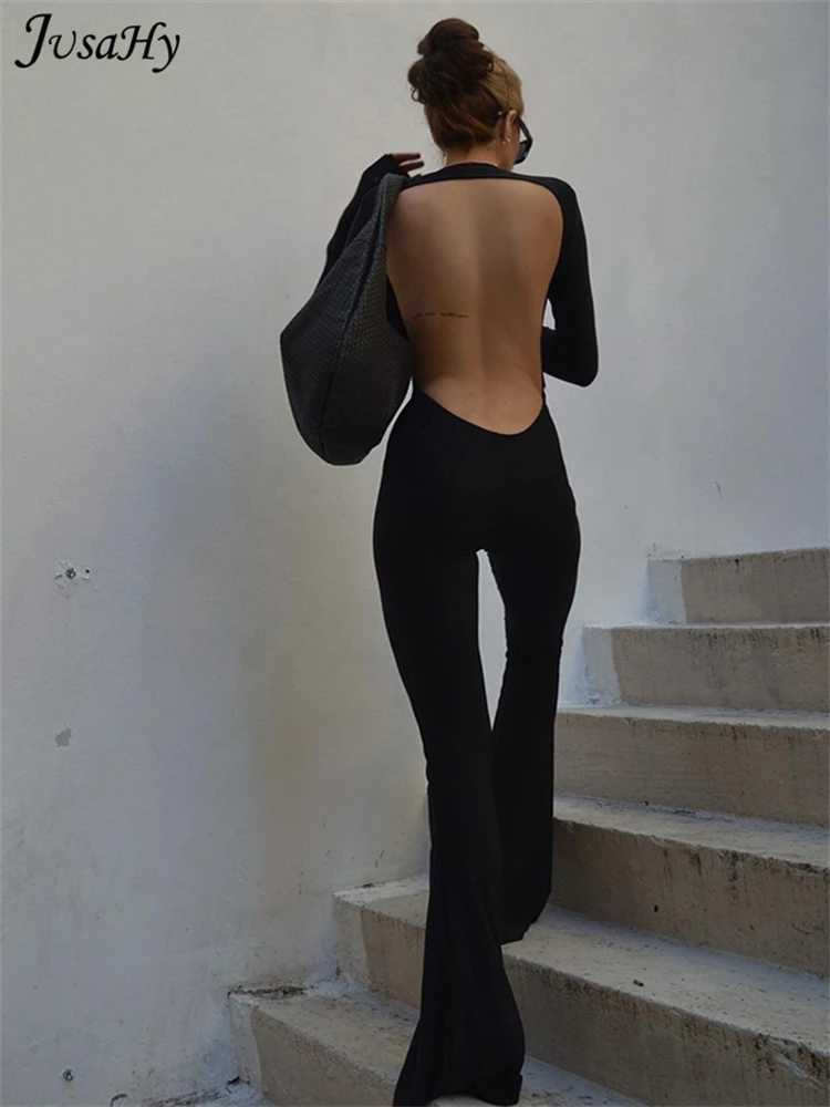 JuSaHy Summer Y2K Solid Black Basic Bodysuit for Women Fashion Long Slves Halter Backless Flare Pants Simple Casual Strtwear X250318