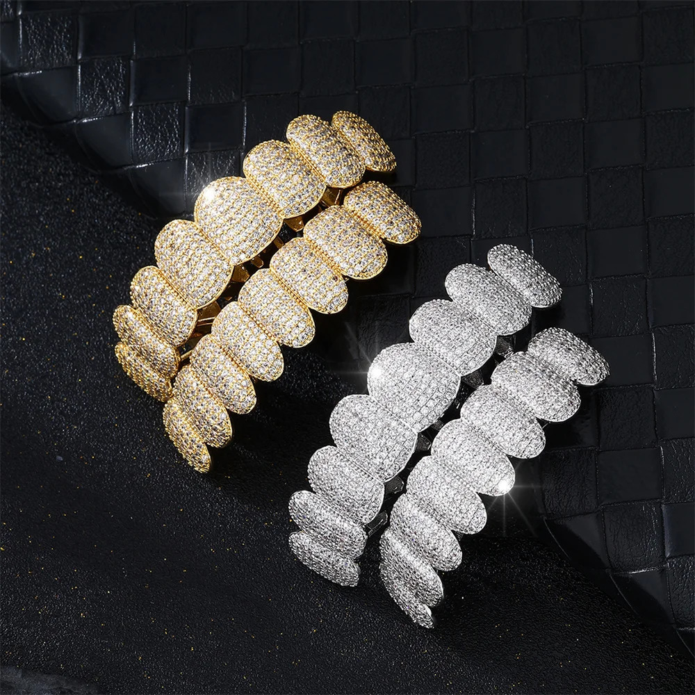 D Z Teeth Prong With Bling AAA CubicStones Silver Color Eight Top Bottom Grills Set For Hip Hop Gift 250318
