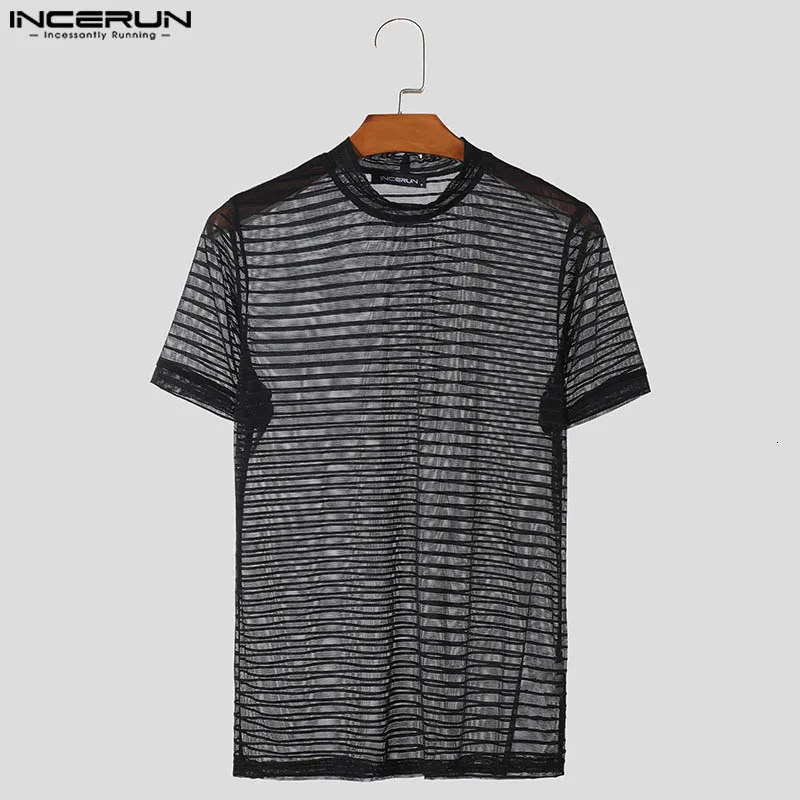 INCERUN Summer Short Sleeve Men T-Shirts Round Neck Short Sleeve Mesh Striped T Shirts Chemise Oversize Men Clothing S-5XL 250318
