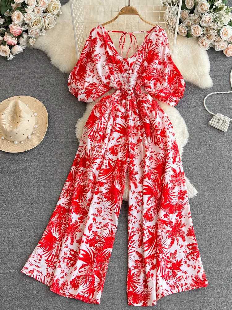 Summer Womens Sexy V-neck Puff Slve Printed Womens jumpsuit Black/Red/Blue/Yellow Wide Leg jumpsuit Resort Beach New Fashion X2503181