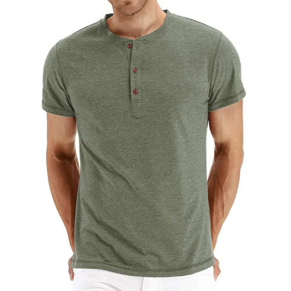 Brand high-quality cotton men's T-shirt Henry collar fashionable design fit solid T-shirt men's top short sleeved T-shirt men's
