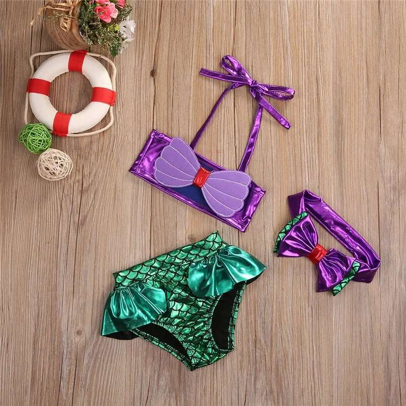 Mermaid Princess Girl Swimsuit, 3-Piece Bikini Set, Cute, Summer Role Playing, Children's Beach Swimsuit, 0-8 Year Old Girl