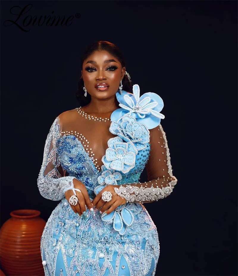 Mermaid Prom African Plus Size Customized Long Sleeves Sequined Pearl Crystals Evening Formal Dress Party Gowns Dr0318