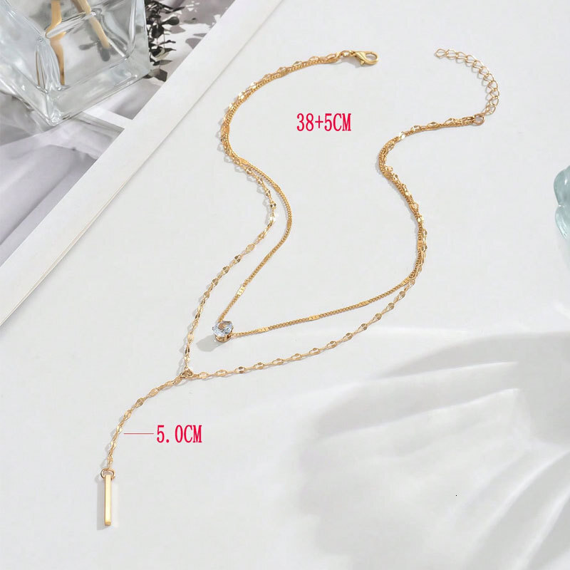 Double Y Pendant Necklace Women's Crystal Zircon Water Drop Metal Vertical Bar Choker Jewelry