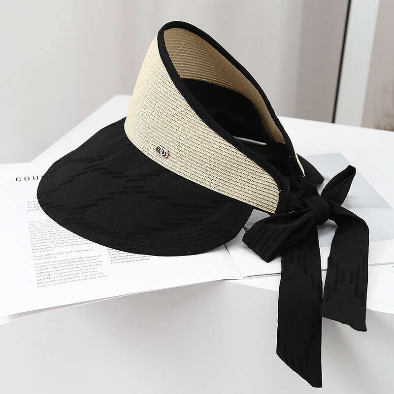 Korean summer outdoor grass woven sunshade empty top hat for women cycg and traveg, UV resistant binding style, large eave foldable