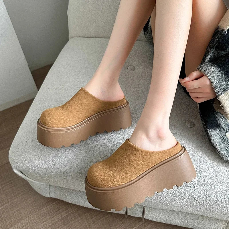 Vintage Platform Heel Women Warm Cotton Mules Slippers Fashion Cover Toe Slip On Shoes Ladies Comfort Outdoor Lazy Slides 250318