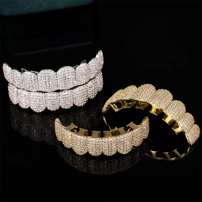 D Z Bling Cubic Zircon Teeth Set For Unisex Top Bottom Mouth Removable Dental Gold Silver Color Fashion Jewelry 250318
