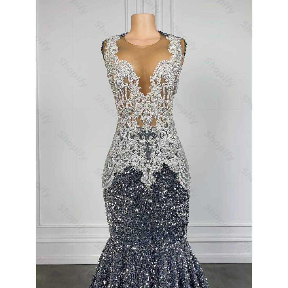 Sparkly Sier Sequin Mermaid Dresses For Black Girls 2025 Real Beaded Crystal Long Prom Birthday Gowns Customized Dr0318