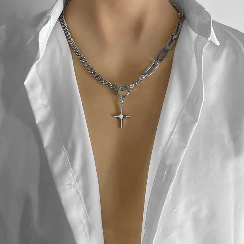 Fashionable stainless steel chain splicing black stone pendant necklace for men 50cm+5cm long necklace for men W250318