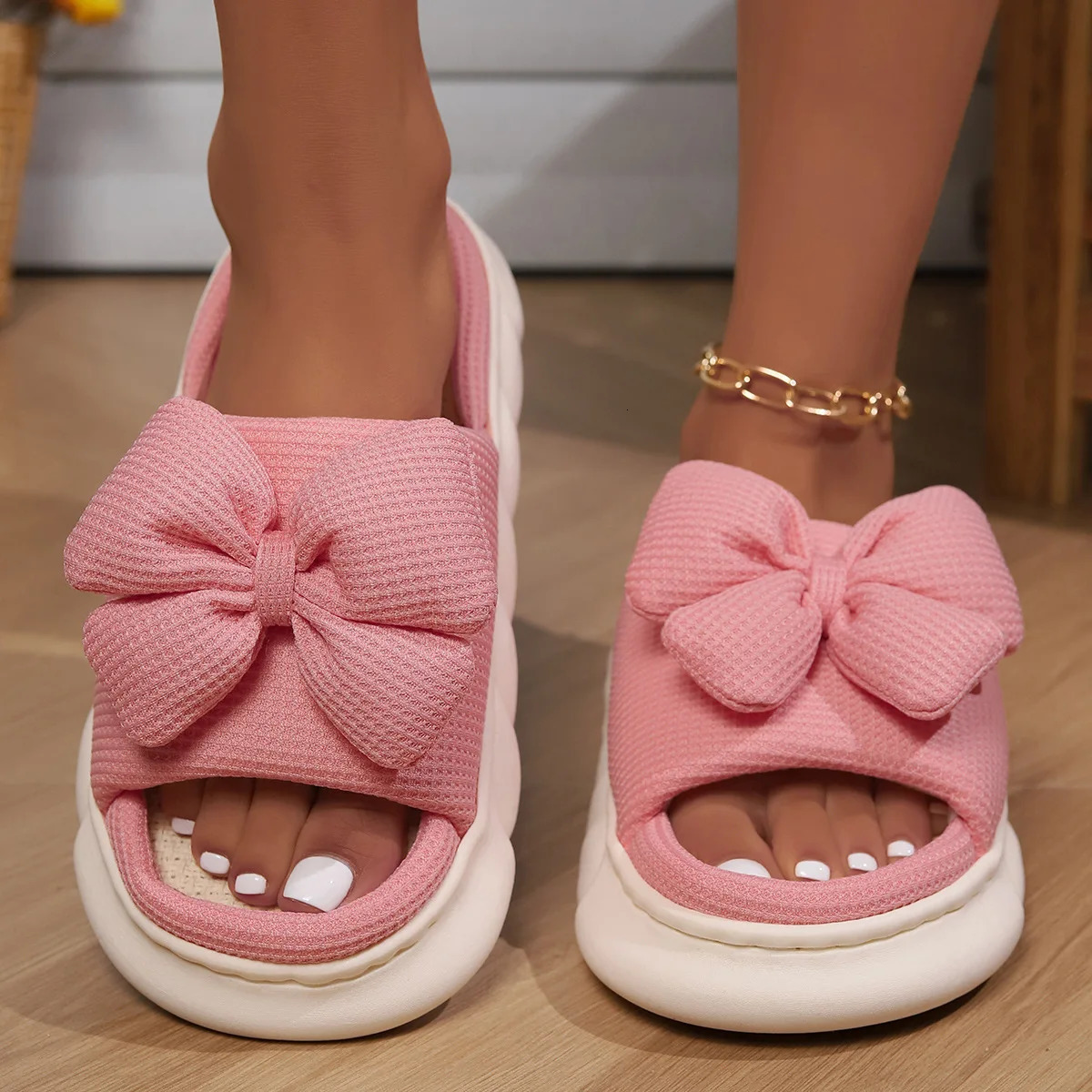 Fashion Bowknot Linen Home Slippers Women Thick Sole Non Slip House Cotton Shoes Woman Flat Heels Platform Indoor Slippers 250318
