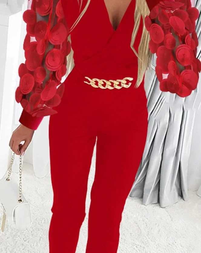 Jumpsuit Women Spring Fashion Floral Pattern Shr Mesh Patch Chain Decor Casual V-Neck Long Sleeve Skinny Daily Long Jumpsuit X250318