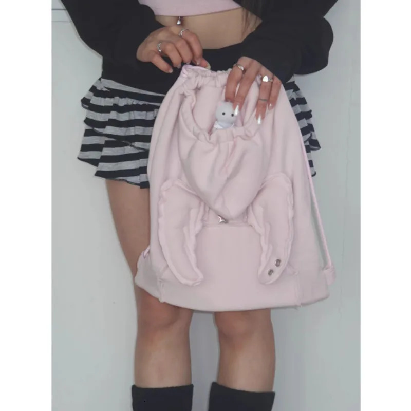 2025 Fashion Xzbag Korean Niche Angel Wing Backpack Simple And Versatile Drawstring Backpack Sweatshirt Hat Bag Y2k Girl Bag 250318