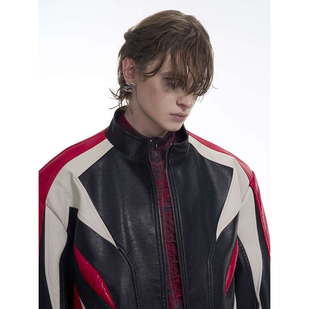 Men's spring men's jacket leather jacket, contrasting splicing, men's casual jacket, sturdy and handsome motorcycle jacket