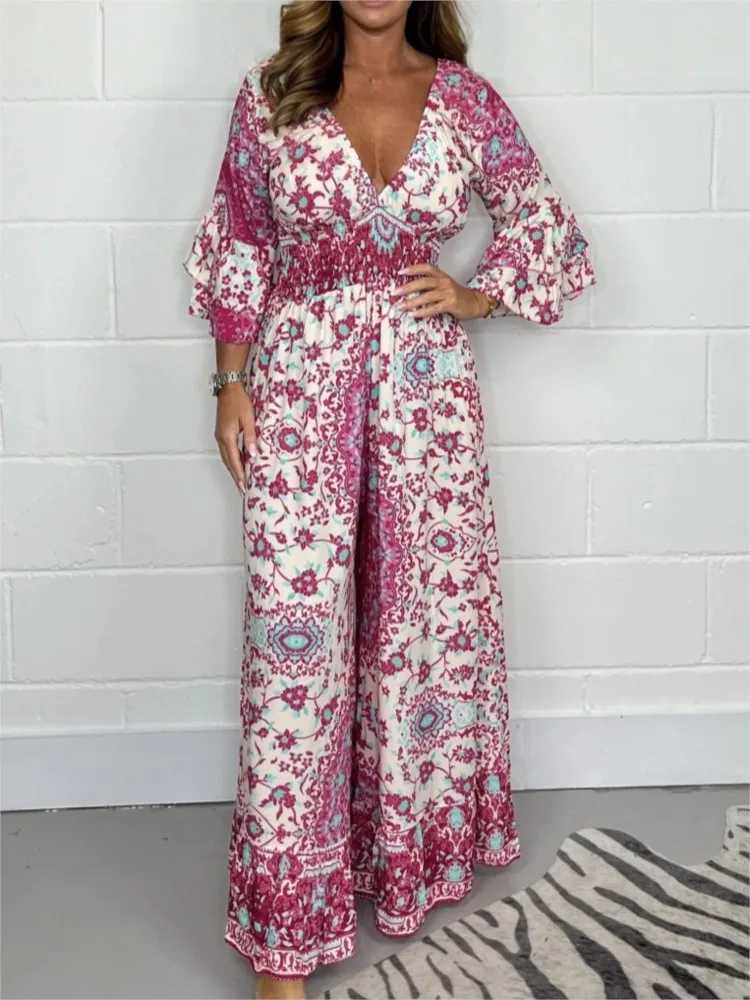 Womens sexy V-neck jumpsuit fashionable printed wide leg high waisted pants jumpsuit womens casual and elegant bohemian womens dress summer new style 