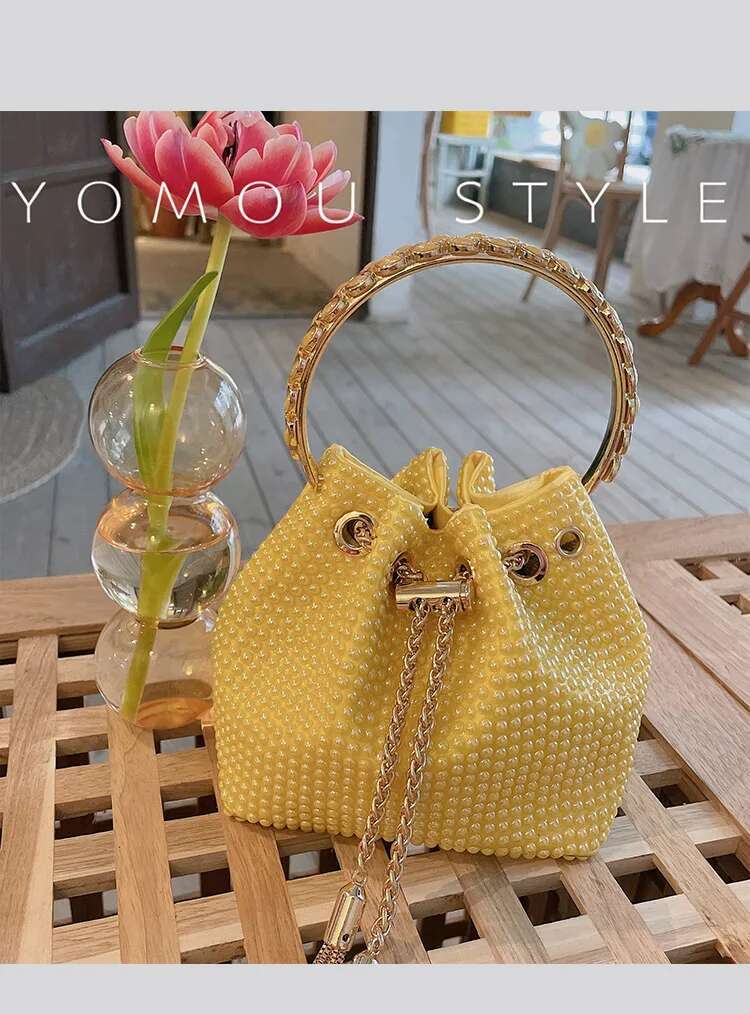 Fashion Ceramic Beads Beaded Shoulder Crossbody Metal Ring Handle Women's Handbag Evening Clutch Lady Purse Bucket Bag