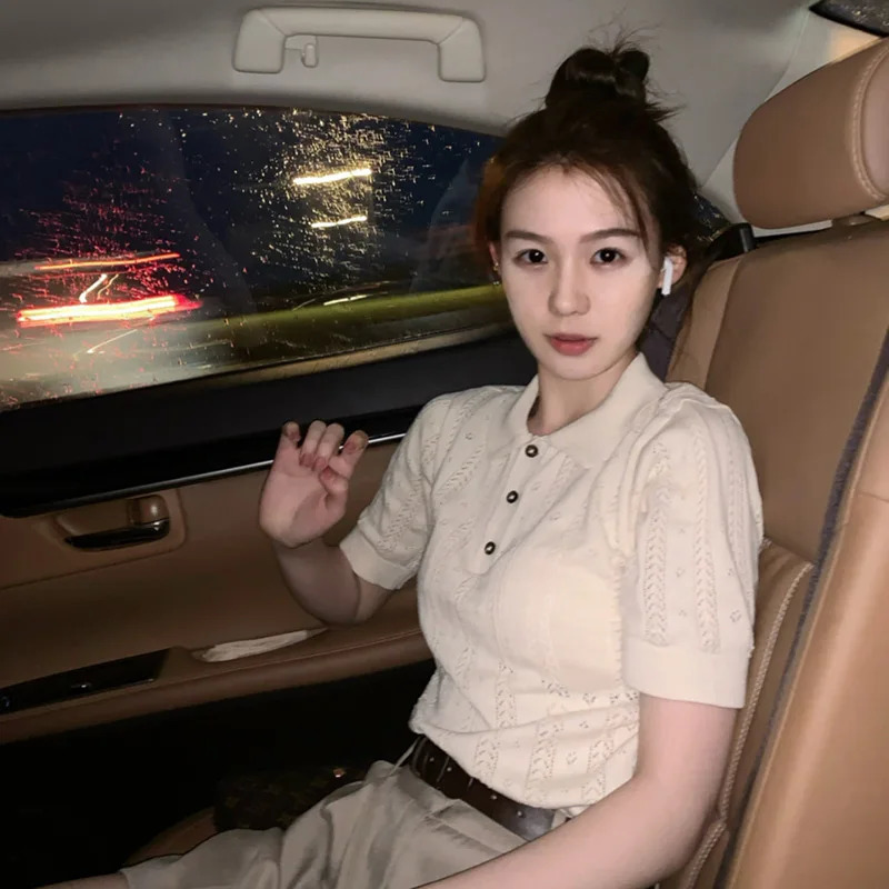 Summer Fashion 100% Cotton Women Hollow-out Sweater T-shirt Short-sleeve Polo Collar Pullover Tees Korea Casual Knitted Tops 250318