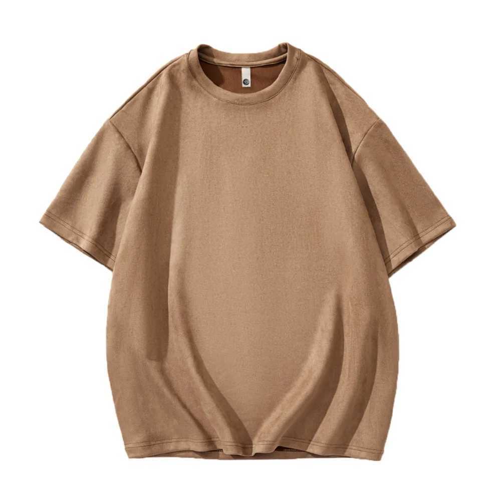 Mens suede short sleeved retro loose T-shirt womens casual oversized T-shirt O-neck retro Harajuku top T-shirt new 2023T250318