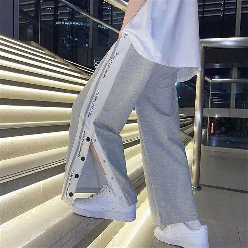Y2k Style Wide Leg Straight Trousers High Street Casual Loose Side Button Sweatpants Vintage Women's Pants Streetwear