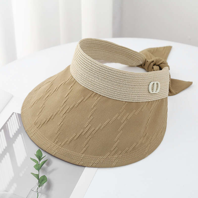 Summer new grass woven spliced empty top for women, foldable hat, sweet bow, small face, trendy sun protection hat