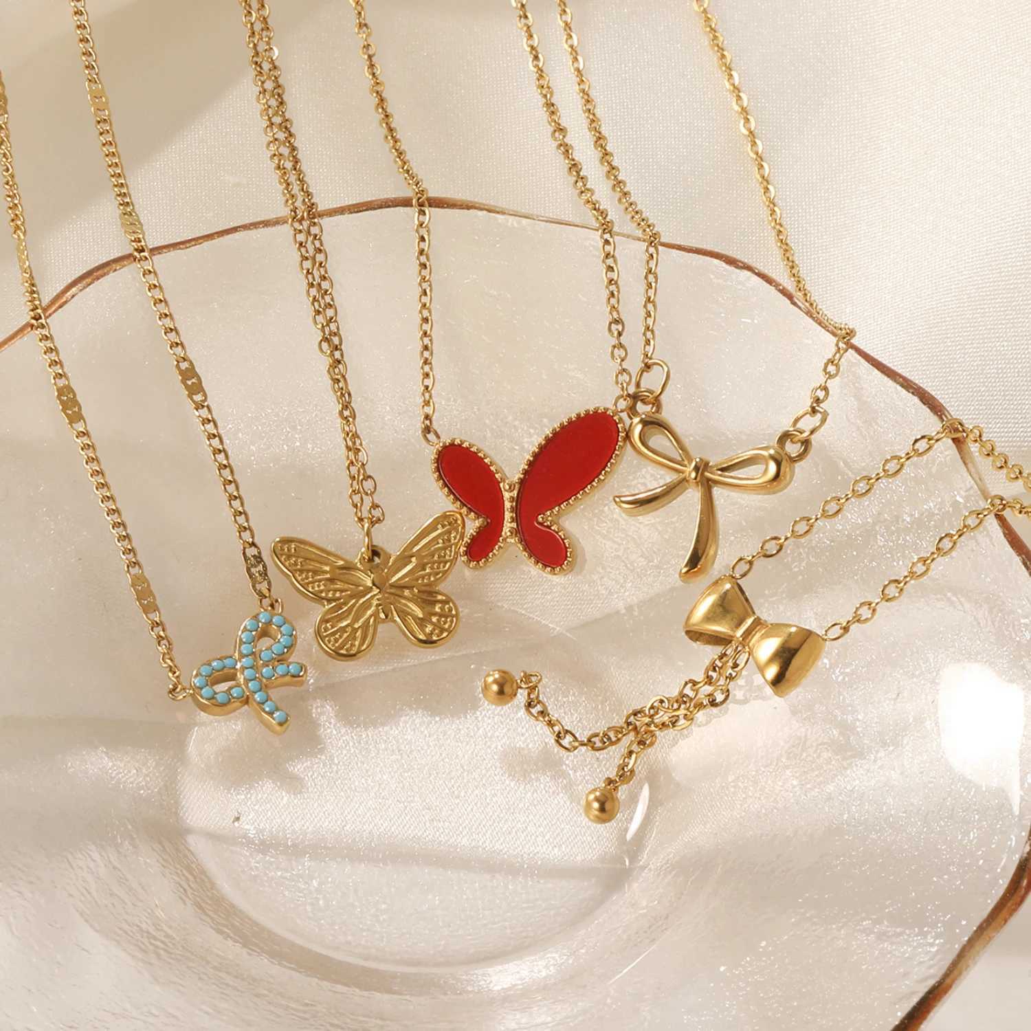 ASONSTEEL Sweet Bow Pendant Necklace Stainless Steel Womens Fashion Charm Jewelry Waterproof Gold Plated Gloss Jewelry Gift W250318