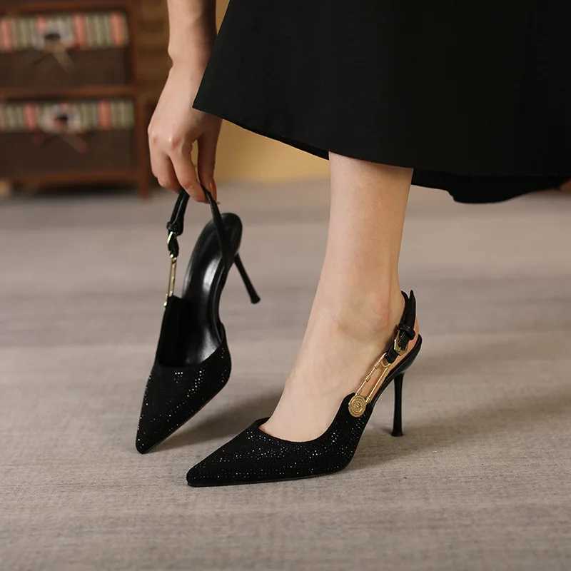 Summer New Pointy Black Dinner Diamd High Heel Thin Heel Sensual Shallow Sandals Y250317