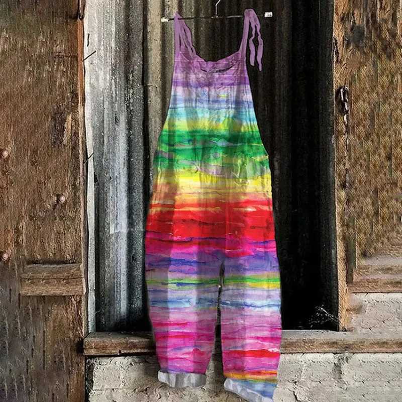 Womens pendant loose jumpsuit summer rainbow casual bohemian jumpsuit 3D printed jumpsuit sleeveless plus lace upper pants X250318