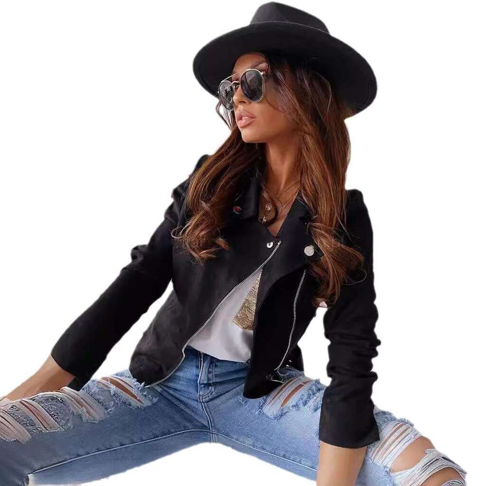 European and American slim fit lapel zipper deerskin veet short jacket 2025 new casual versatile fashion clothing