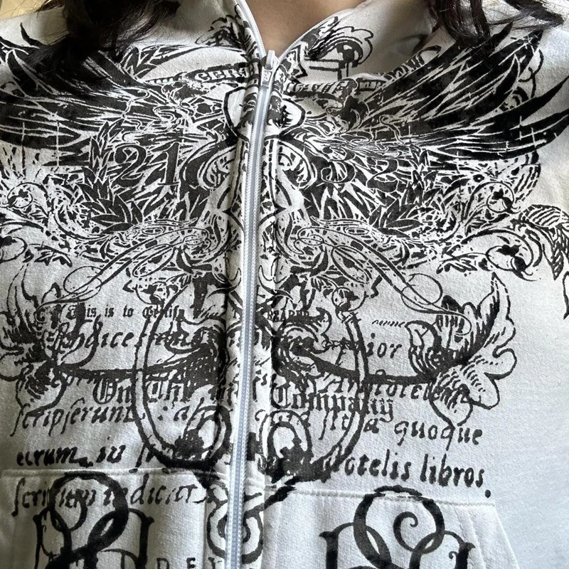 Imcute Wing Print Mall Goth Vintage Hoodies Y2K Grunge Graphic Long Sleeve Hooded Sweatshirt Harajuku Japanese Aesthetic Women 250318
