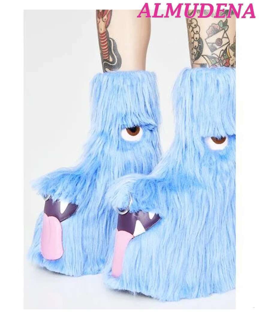 Blue Fur Platform Kawaii Boots Eyes Wedges Super High Heels Furry Boot Lolita Dress Winter Big Size Designer Highten Shoes