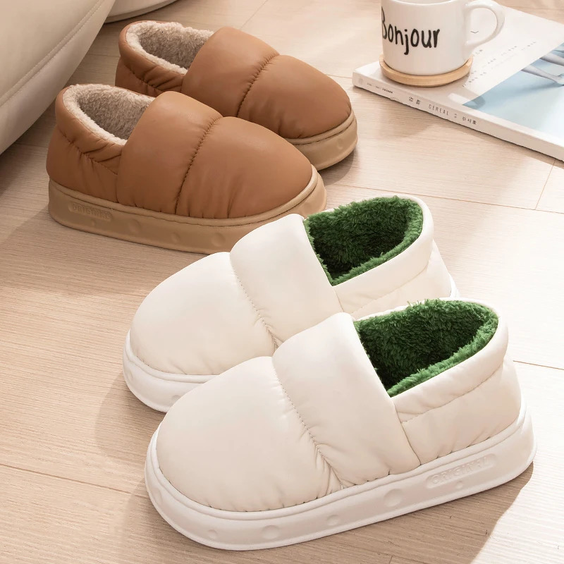 Feslishoet Men Winter Cotton Slippers Waterproof Anti Slip Thick Bottom Shoes Couple Home Use Plush Cotton Slippers Women 250318