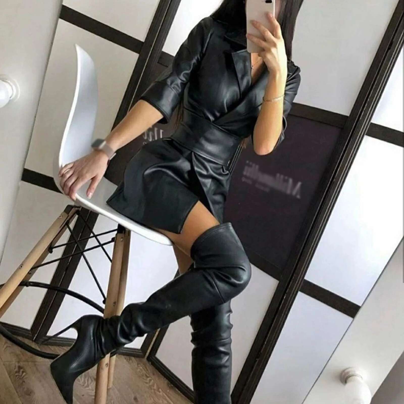Sexy Women PU Leather Long Sleeve V Neck Winter Bodycon Blazer Mini With Belt Office Ladies Elegant Dress