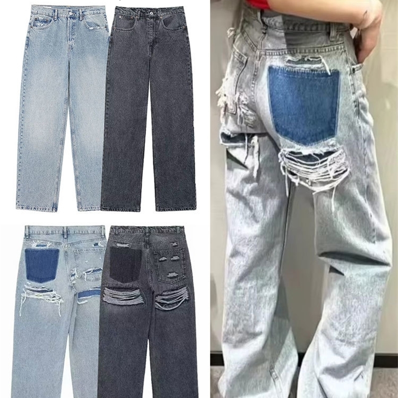 TRAFZA Womens Jeans Denim Solid Loose Zipper Flying Womens Hole Trouser Pocket Wild Basic Womens Wide Leg Pants 250224