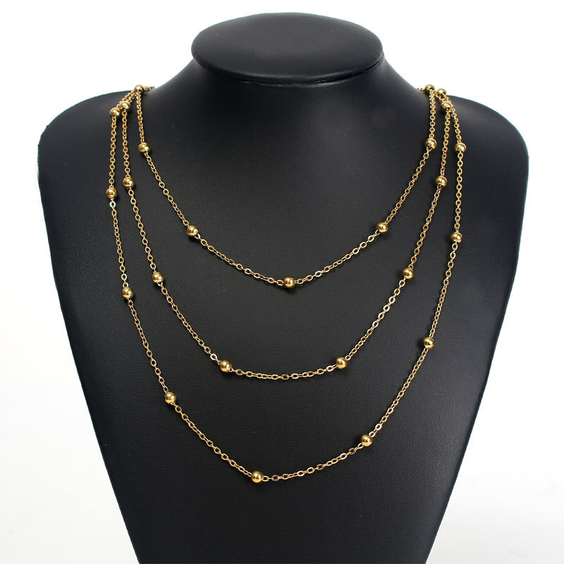 4mm Metal Ball Chain Three Layer Necklace Women's Bohemian Style Multi-layer Round Bead Chain Jewelry